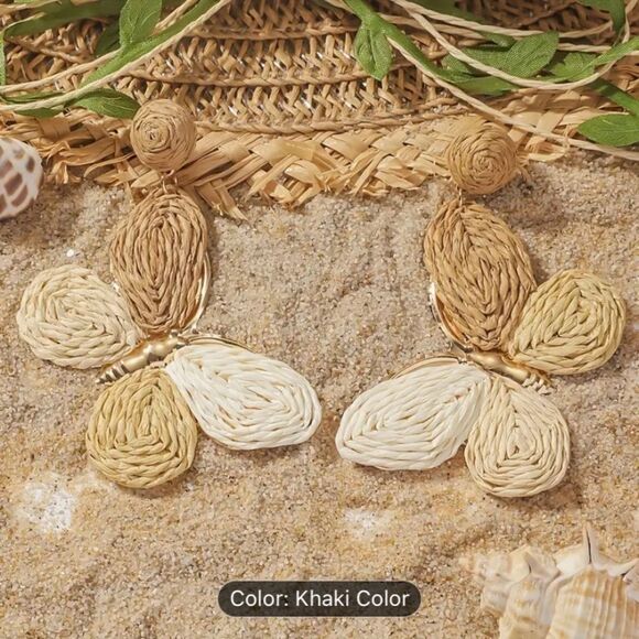 ✨ 🆕 ✨ 🦋BoHo Raffia Butterfly 🦋 KHAKI BEIGE NEUTRAL Earrings 🦋 ✨ - Picture 5 of 11